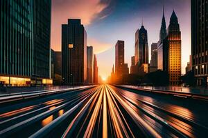 a city street at sunset with trains passing by. AI-Generated photo