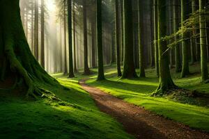 a path through a forest with trees and grass. AI-Generated photo