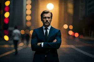 a man in a suit standing in the middle of a city street. AI-Generated photo