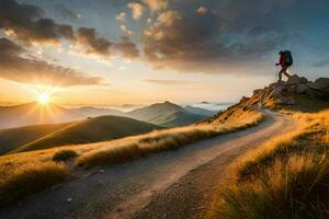 a man is standing on the top of a mountain at sunset. AI-Generated photo