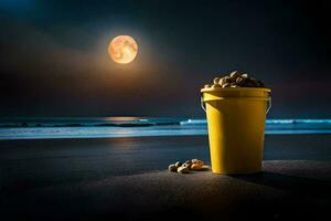 a bucket of peanuts on the beach at night. AI-Generated photo