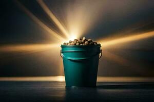 a bucket filled with nuts on a table. AI-Generated photo