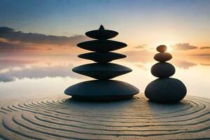 zen piedras apilado en el playa a puesta de sol. generado por ai foto