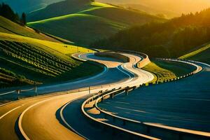 a winding road in the mountains at sunset. AI-Generated photo