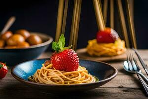 spaghetti with strawberries and a fork on a wooden table. AI-Generated photo