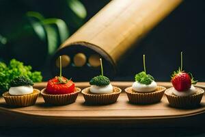 mini cupcakes with strawberries and cheese on a wooden tray. AI-Generated photo