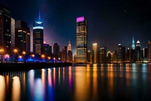 el ciudad luces son reflejado en el agua. generado por ai foto