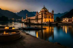 the mosque and boats in the water at dusk. AI-Generated photo