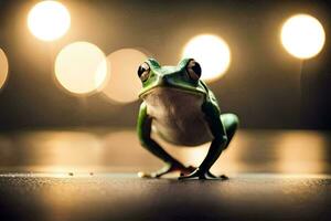 a frog is standing on a dark floor with lights in the background. AI-Generated photo