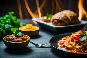 spaghetti and meatballs on a table with bowls of sauce. AI-Generated photo