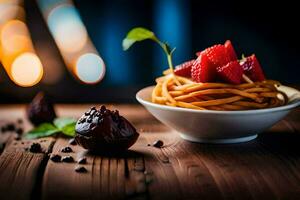 a plate of spaghetti with strawberries and chocolate. AI-Generated photo