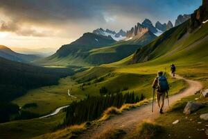 el caminata a el parte superior de el montaña. generado por ai foto