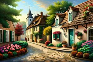 a painting of a street with flowers and houses. AI-Generated photo