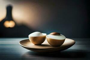 two eggs on a wooden plate in front of a light. AI-Generated photo