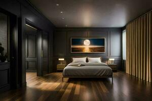 a bedroom with dark wood floors and a large painting. AI-Generated photo