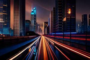 un ciudad a noche con ligero caminos en el la carretera. generado por ai foto