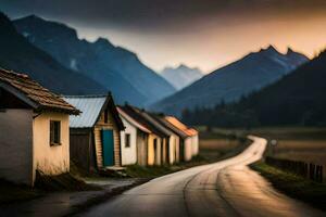 un la carretera líder a un pequeño pueblo a puesta de sol. generado por ai foto