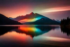 a rainbow is reflected in the water of a lake. AI-Generated photo