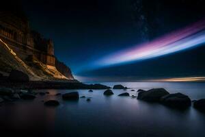 the aurora lights up the sky over a rocky shore. AI-Generated photo