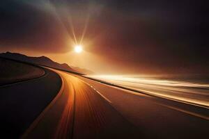 a long exposure photograph of a road with the sun shining. AI-Generated photo