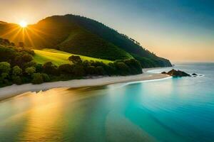 the sun rises over a beach and green hills. AI-Generated photo