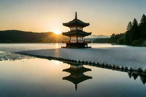 the sun rises over a pagoda in the middle of a lake. AI-Generated photo