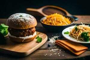 a hamburger and pasta on a wooden table. AI-Generated photo