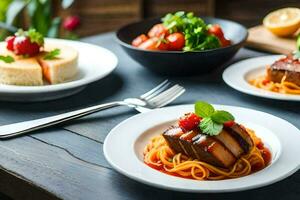 three plates with food on them and a fork. AI-Generated photo