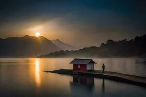 un hombre soportes en un muelle a amanecer en frente de un rojo casa. generado por ai foto