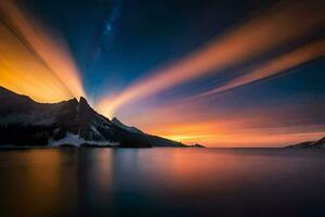 the sun is setting over a mountain range and lake. AI-Generated photo