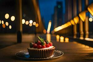 a cupcake sitting on a plate with berries. AI-Generated photo