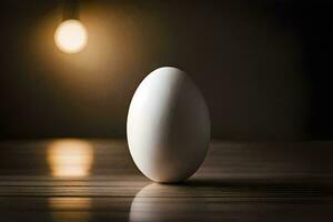 an egg sitting on a table in front of a light bulb. AI-Generated photo