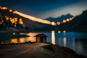 a small house sits on the shore of a lake at night. AI-Generated photo