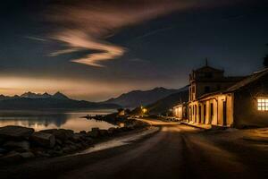 a road leading to a small village at night with mountains in the background. AI-Generated photo