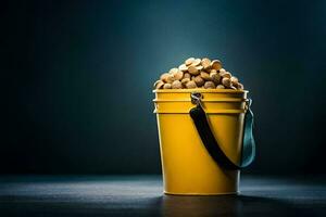 a bucket filled with nuts on a dark background. AI-Generated photo