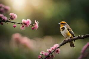 a bird is perched on a branch with pink flowers. AI-Generated photo