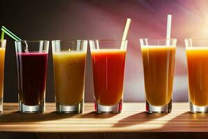 a row of different colored juices in glasses. AI-Generated photo