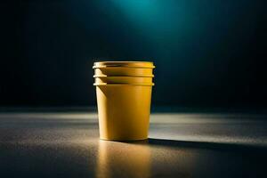 a yellow plastic cup sitting on a table. AI-Generated photo