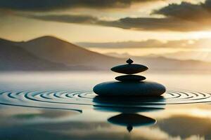 zen Roca equilibrio en agua. generado por ai foto