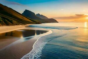 el Dom es ajuste terminado un playa y montañas. generado por ai foto