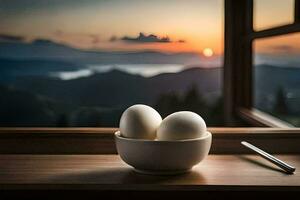 two eggs in a bowl on a window sill with a view of the mountains. AI-Generated photo