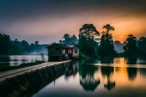 a house on a dock at sunset. AI-Generated photo