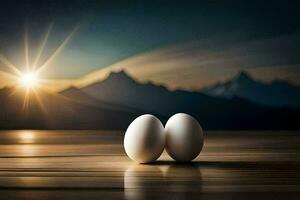 two eggs on a table with mountains in the background. AI-Generated photo