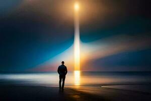 a man standing on the beach looking at a light coming from the sky. AI-Generated photo