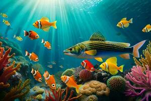 fish swimming in the ocean with coral reefs. AI-Generated photo