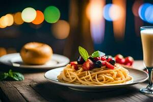 spaghetti with berries and a glass of milk. AI-Generated photo