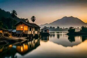 a small house sits on the shore of a lake at sunset. AI-Generated photo