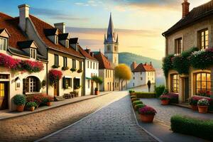 a street in the village with flowers and buildings. AI-Generated photo