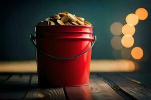 a red bucket filled with coins on a wooden table. AI-Generated photo