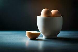 three eggs in a cup on a table. AI-Generated photo